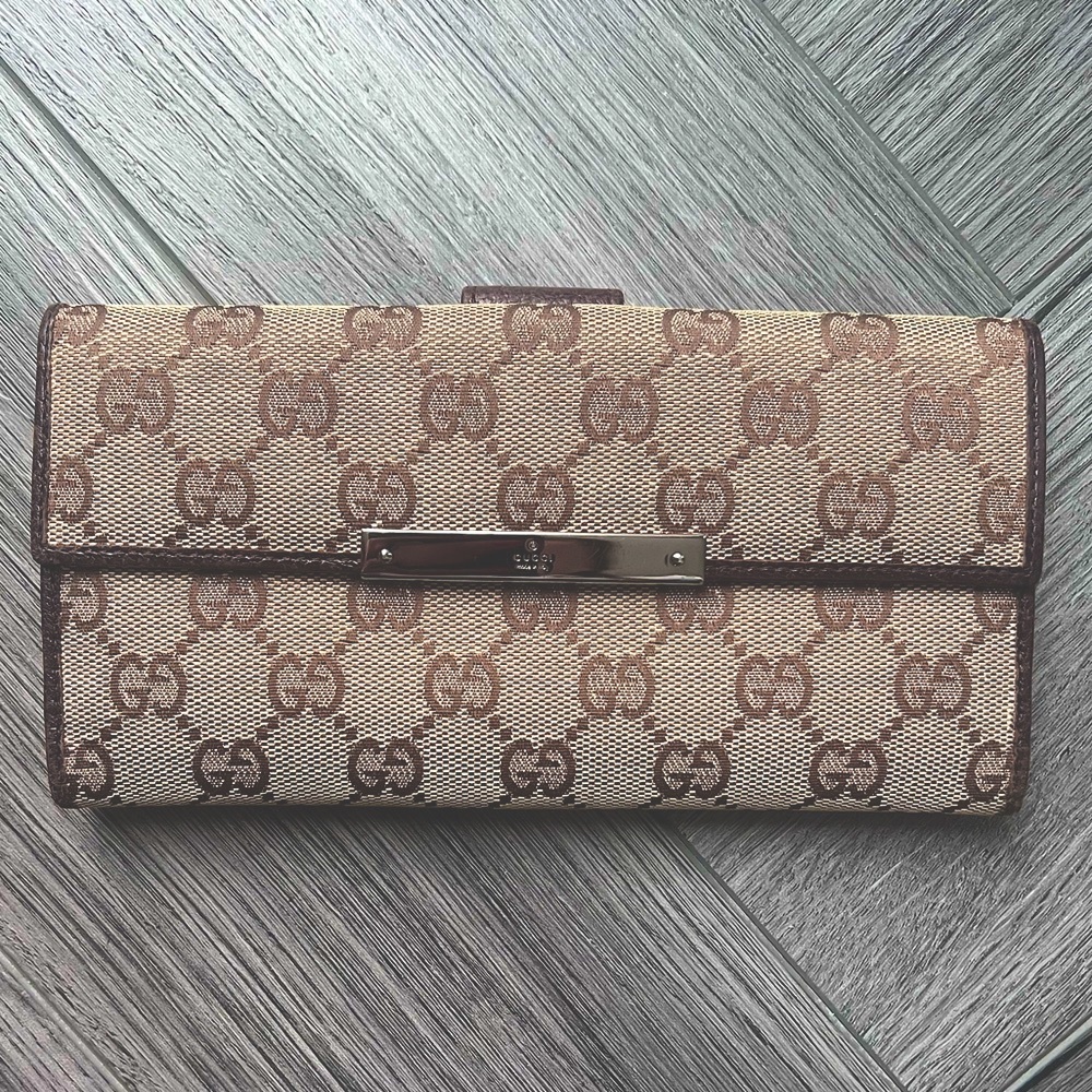 Gucci Monogram Long Canvas and Leather Wallet